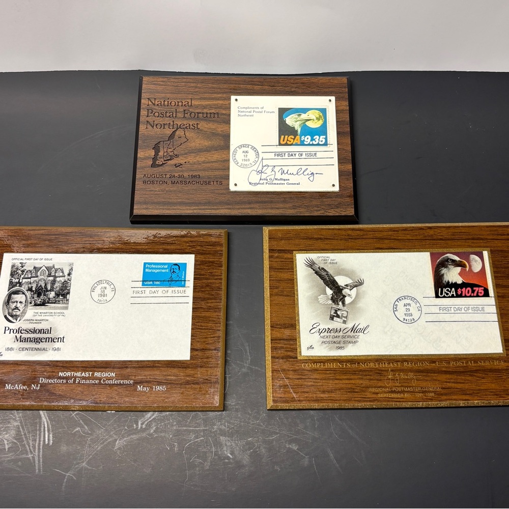 Set of a Three Vintage Postal Commemorative Stamps Mounted on Plaques